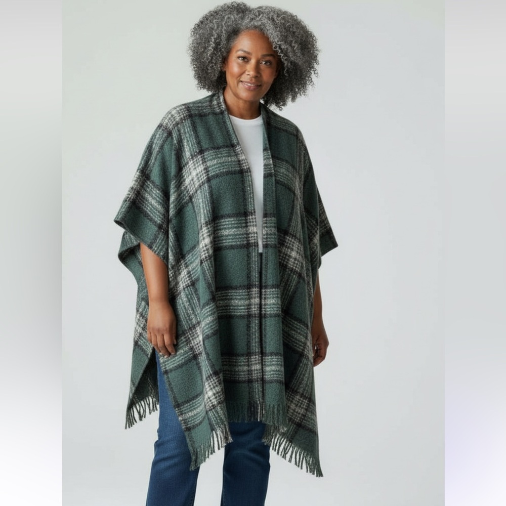 G by Giuliana Plaid Fringe Poncho Cardigan - One Size Missy